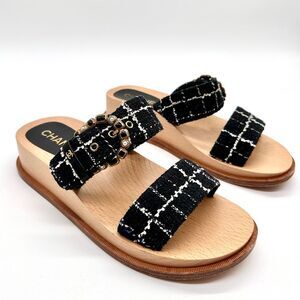 Chanel CC Logo Tweed Flat Wooden Slip -On Mules Sandals In Black  EU 39 US 8-8.5